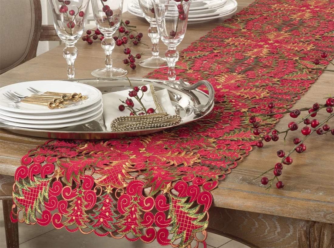 Fennco Styles Embroidered Christmas Tree Cutwork 16 x 68 Inch Table Runner - Red Table Cover for Home Decor, Holiday, Banquets and Special Events