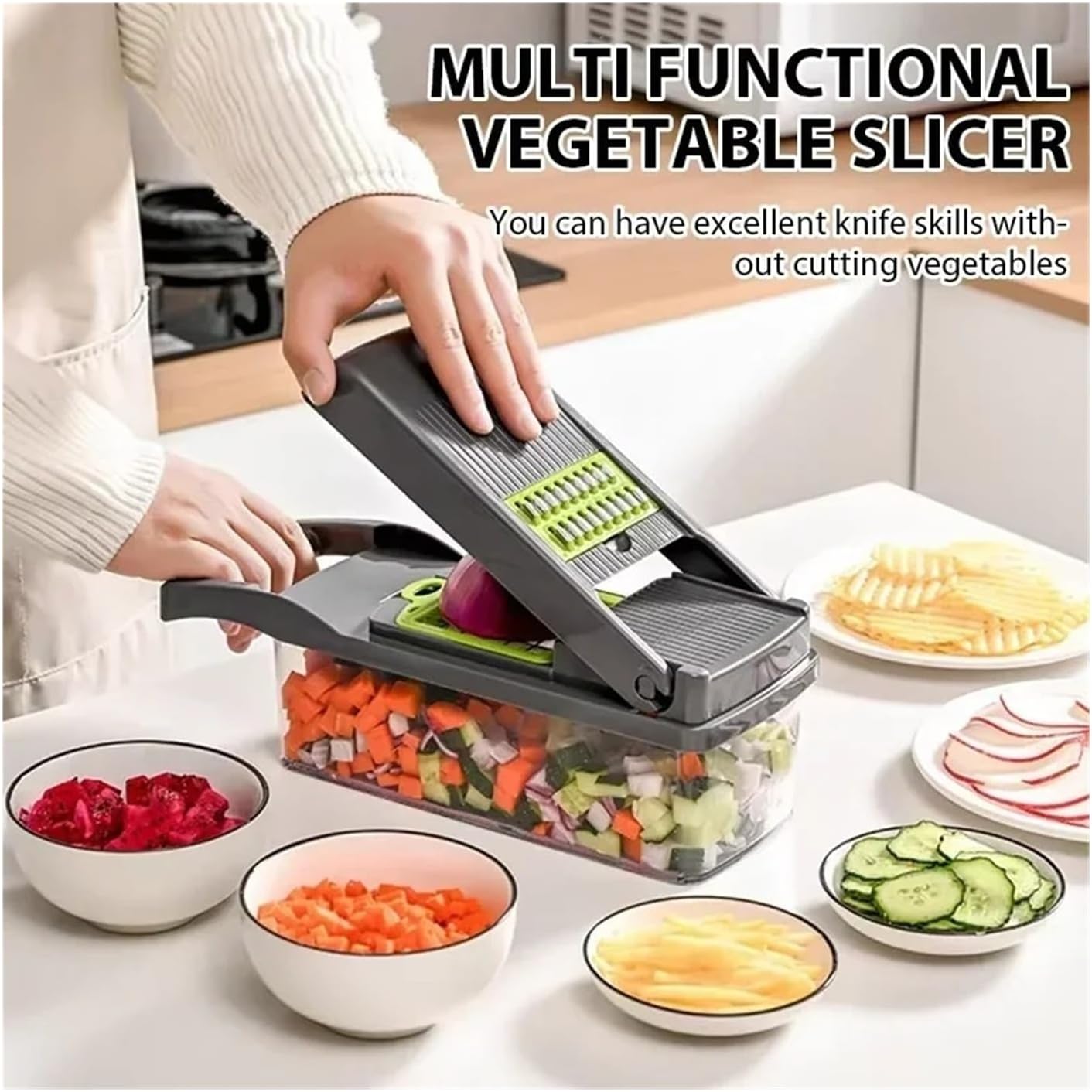 14/16 in 1 Vegetable Slicer and Chopper - Multi-Functional Kitchen Tool for Tomato, Carrot, and Onion Shredding(Gray 16-piece set)