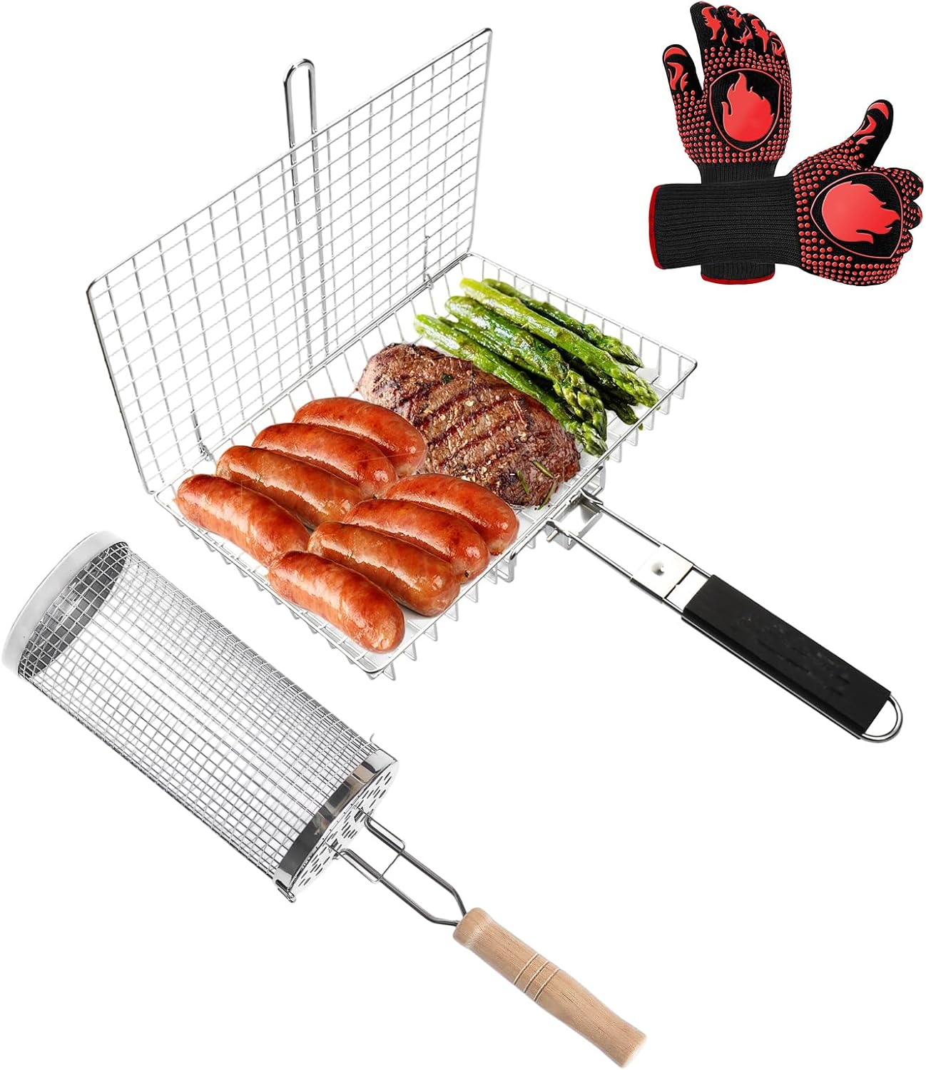 Grill Basket Set (Rectangular+Cylinder), Removable Handle, 304 Stainless Steel No-Skewer Rolling Grilling Net, with BBQ Gloves(- 1472℉) for Vegetables, Shrimp, Outdoor Cooking, Camping, Birthday Gifts