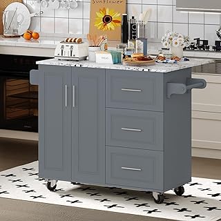 4 EVER WINNER Kitchen Island on Wheels with Storage and Drop Leaf, Marbl...