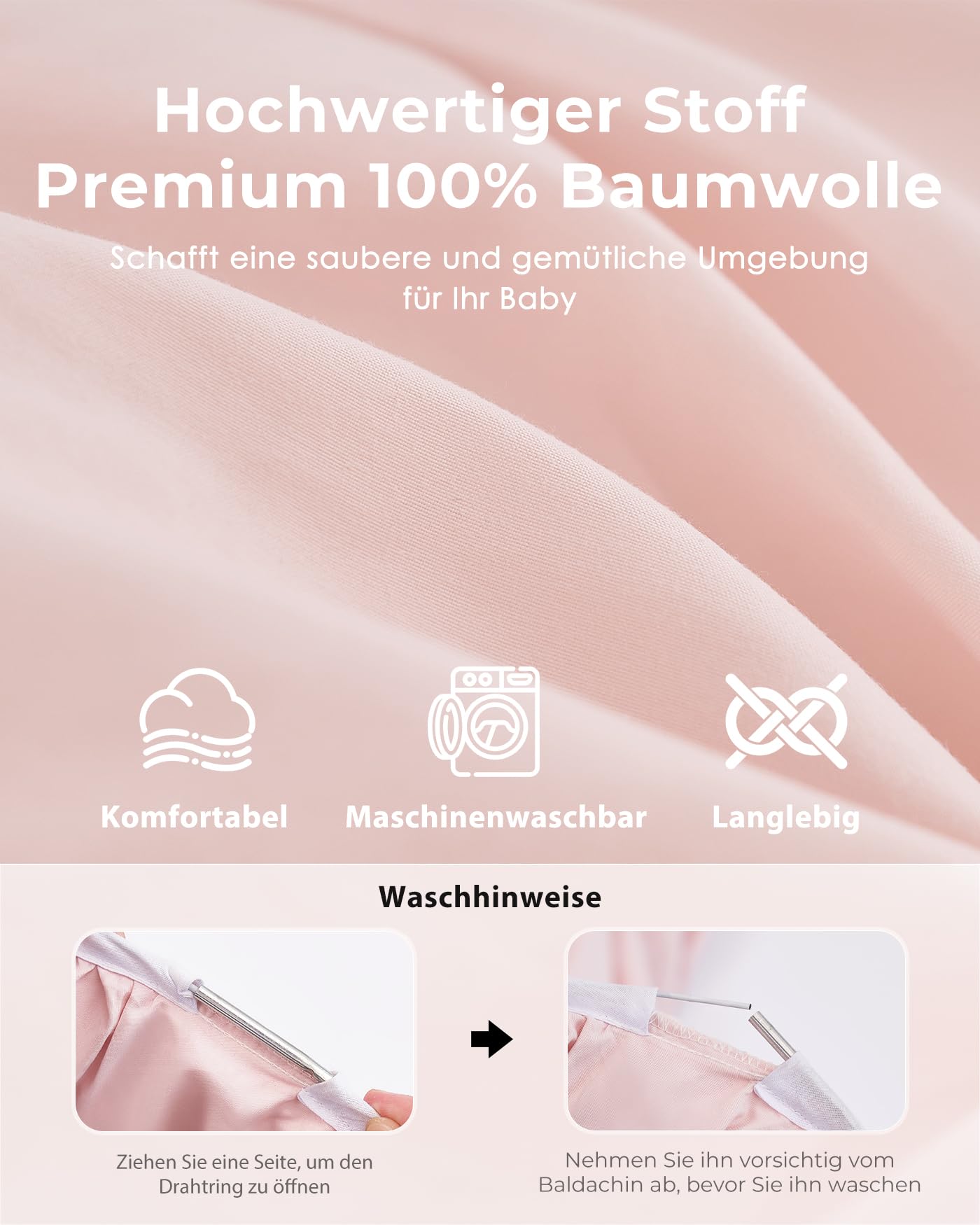 Mallify Moskitonetz Betthimmel mit Sternenlichtern, atmungsaktiv & waschbar Doppelte Lage Baldachin für Mädchen Prinzessin Kinderzimmer, 65 cm x 269 cm, Rosa