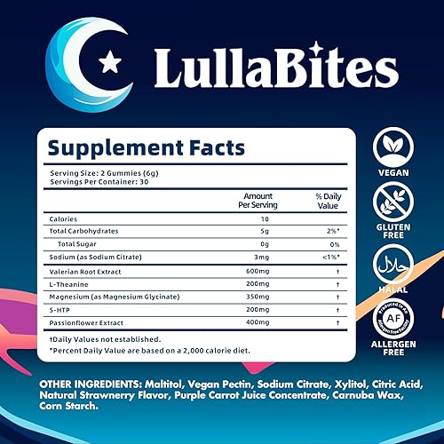 Miniatura 5 de LullaBites - Gomitas naturales para dormir - Hechas en Estados Unidos - Con 5-HTP, L-teanina, magnesio y raíz de valeriana - Sin melatonina - Vegano