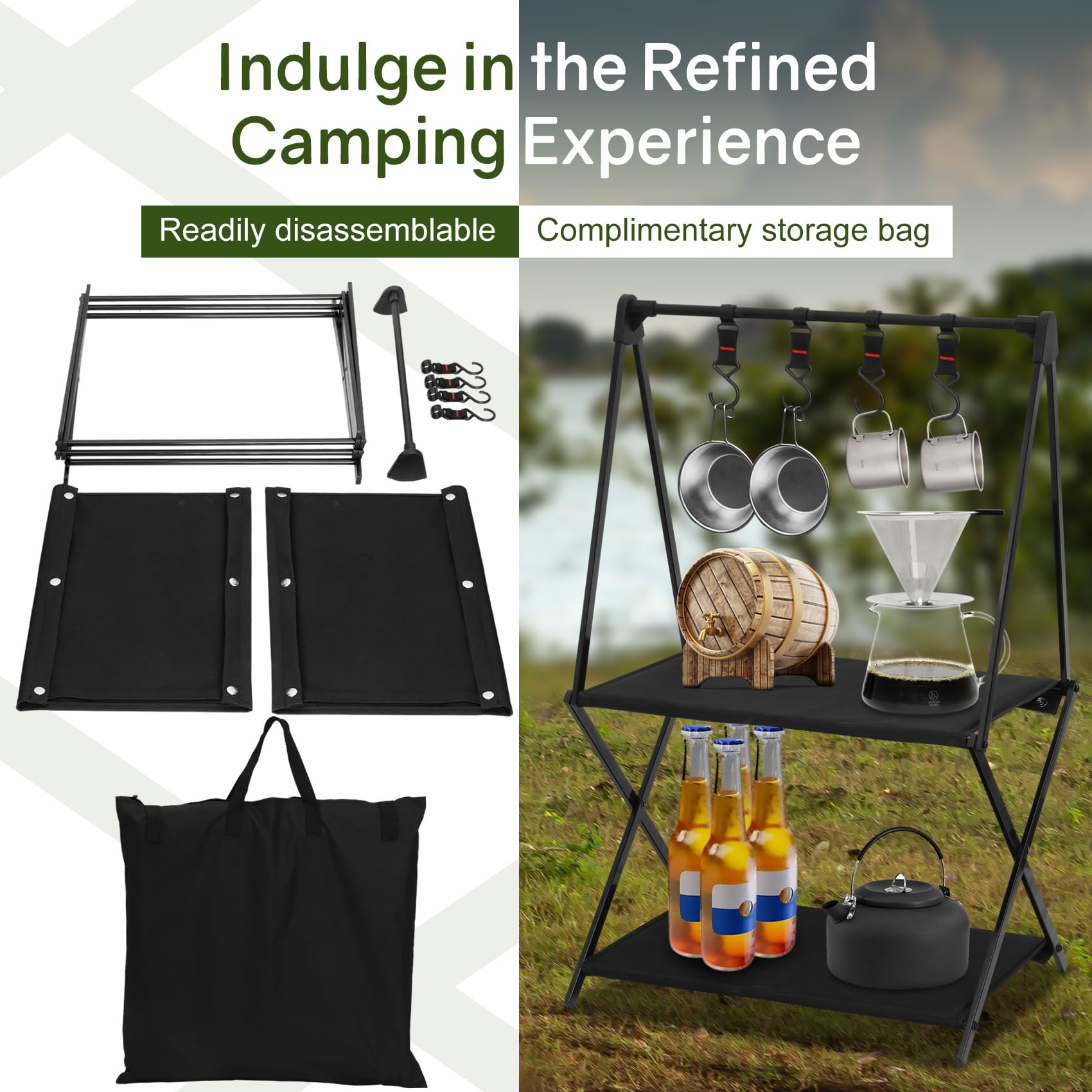 Scaffale pieghevole da campeggio, con ganci, in alluminio, portatile, per utensili da campeggio, cucina, picnic, barbecue, interni ed esterni (3 strati) (2 strati)