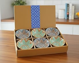 Porcelain Dessert Bowls Gift Box Set Ceramic Bowl For Ice Cream,Soup,Rice,Snack,Side Bowl,Microwave And Dishwasher Safe - Unique Design With Grid And Wave Pattern(Green,Pack Of 6),280 ML