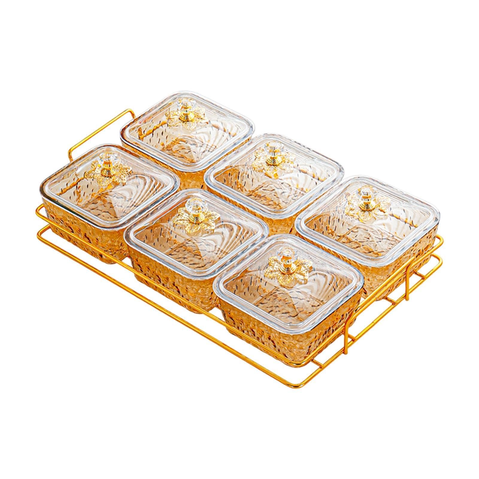 PIXZCSA Dried Fruit Plate Versatile Serving Dish With Compartments Appetizers Fruits Nuts At Special Celebrations Candy Nut Serving Container Appetizer Tray, Gold, 6 Grid