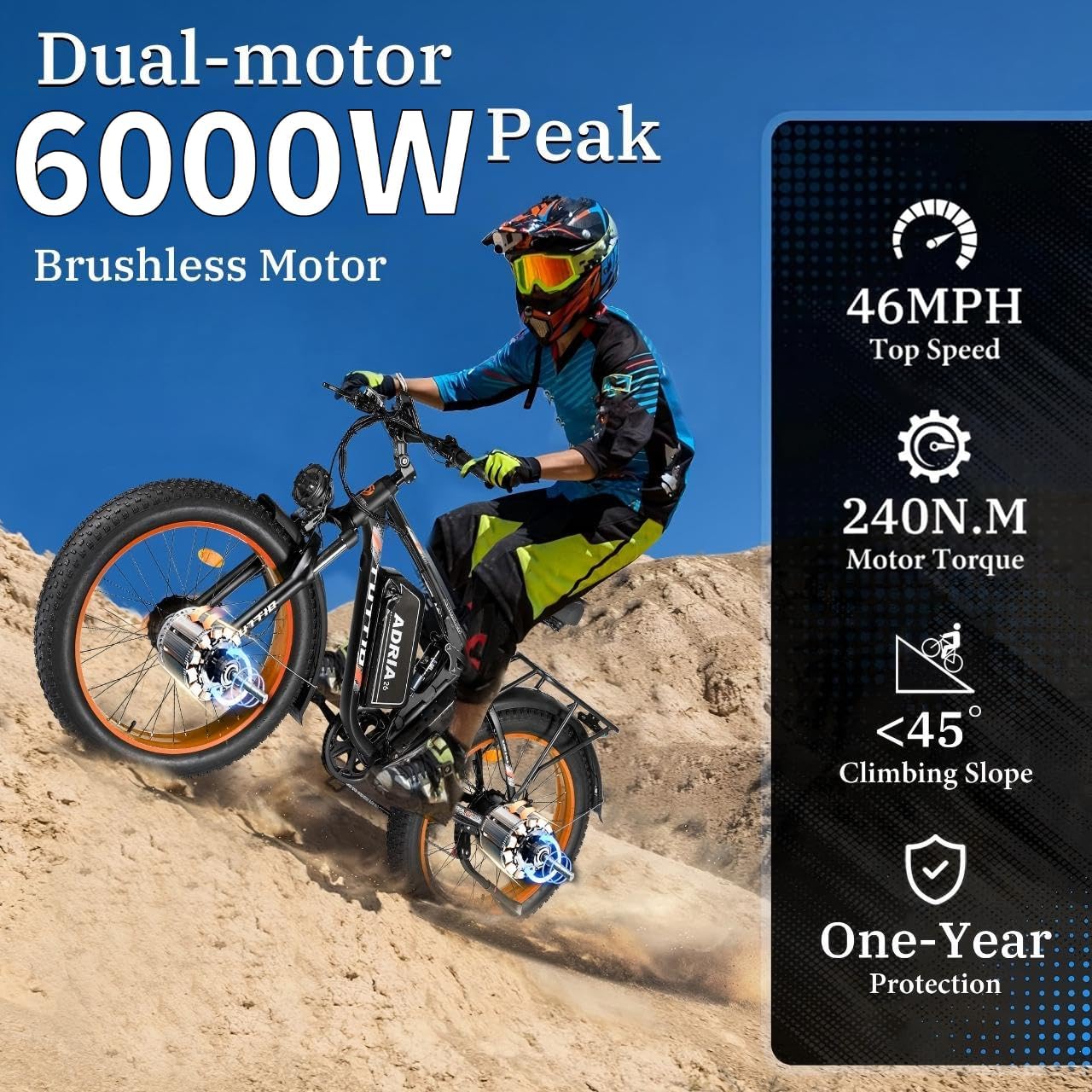 Tuttio-Adria26 Dual-Motor Electric-Bike for Adults - 210NM 52V Fast-Ebike, Long-Range-Electric-Bicycle, Full Suspension Ebikes, 26 Inch Fat Tire Dirtbike for Off-Road Mountain Snow Hunting Commutin