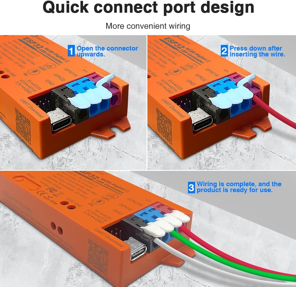 Three-step diagram showing how to connect wires to the quick-connect terminals of the GLEDOPTO LED controller: 1. Open the connector upwards. 2. Press down after inserting the wire. 3. Wiring is complete and the product is ready for use.
