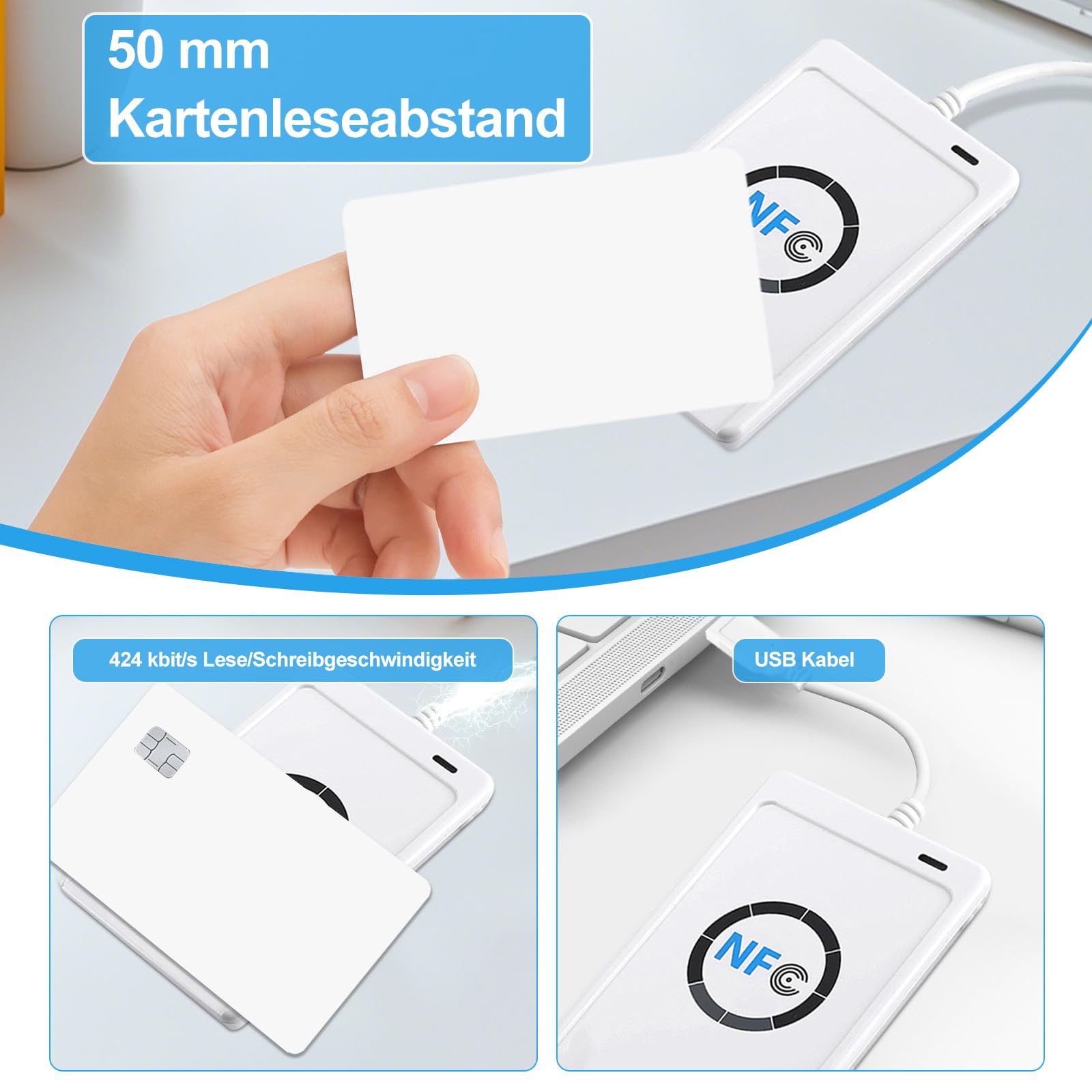 Lecteur NFC RFID Acr122u - Lecteur USB sans contact - Prend en charge Iso 14443a/B Felica NFC - Avec vitesse de 424 Kbps - Pour ordinateur jusqu'à 50 mm de portée