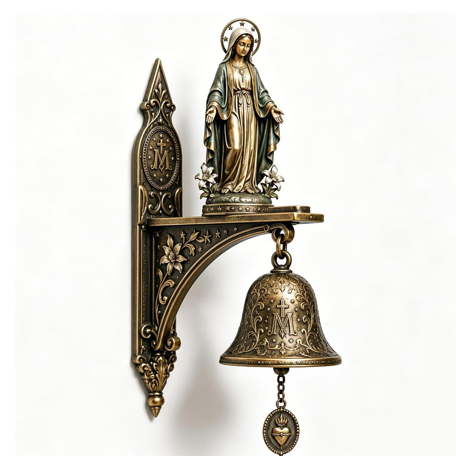 Our Lady of Grace Bronze Medal Wall Bell - Catholic Religious Home Decor, Sacred Virgin Mary Hanging Prayer Bell, for Home Altar, Prayer Room, Porch, and Garden Wall Decor
