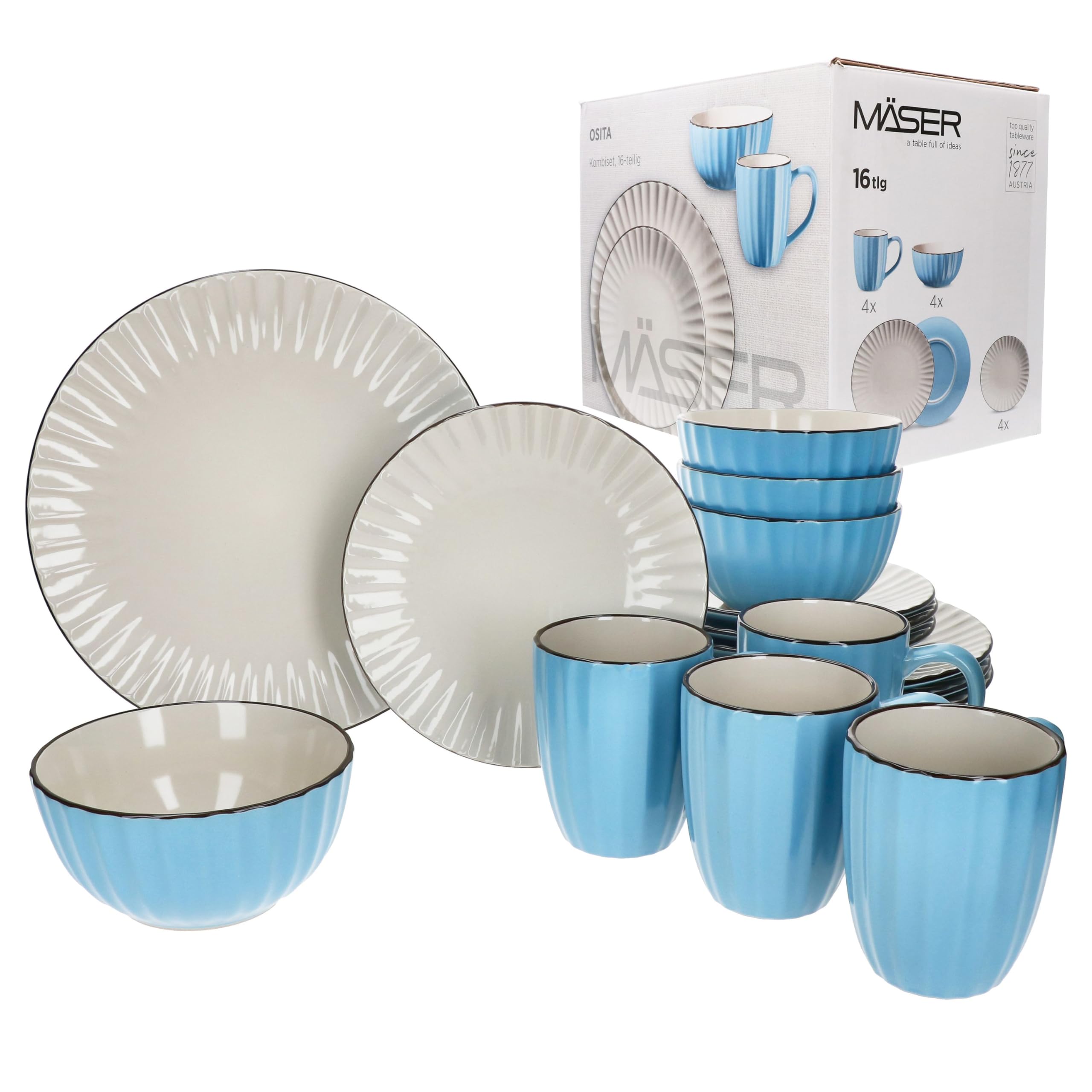 MÄSER OSITA Service de table 16 pièces bleu clair pour 4 personnes I Service de table en faïence bleu et crème avec 4 tasses à café de 300 ml, bols de 450 ml, assiettes à gâteau et assiettes plates I