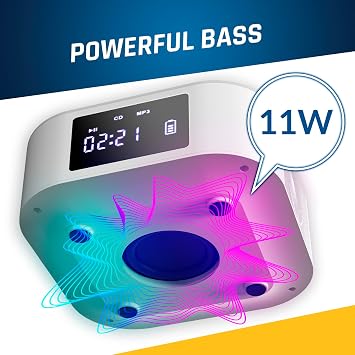 KLIM Boombox E1 - CD Player Portable Audio System + Extra BASS with Subwoofer + FM Radio, CD MP3 Bluetooth AUX USB + Wired and Wireless Mode Rechargeable Battery + Remote Control - White