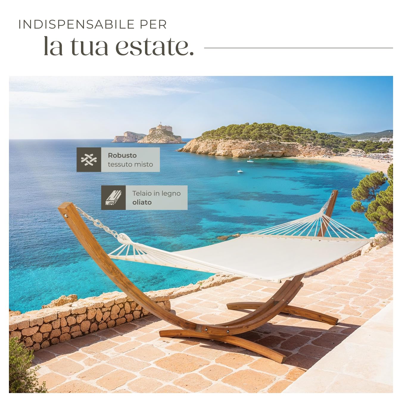tectake® Amaca XXL Regolabile in Altezza, Comoda Amaca Matrimoniale, Amaca con Supporto in Legno, Design Elegante, Capacità di Carico Fino a 200 kg - Bianco
