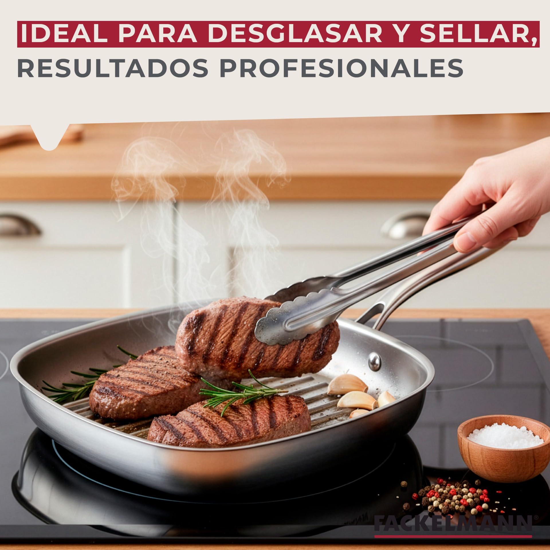 Fackelmann Vita3 Sartén Grill de Acero Inoxidable 28 cm, Acero Inoxidable Triply con Triple Fondo Difusor, Sin Antiadherente, Sin PFA, Apta para Inducción, Gas, Vitro y Horno, Apto Lavavajillas — view 5