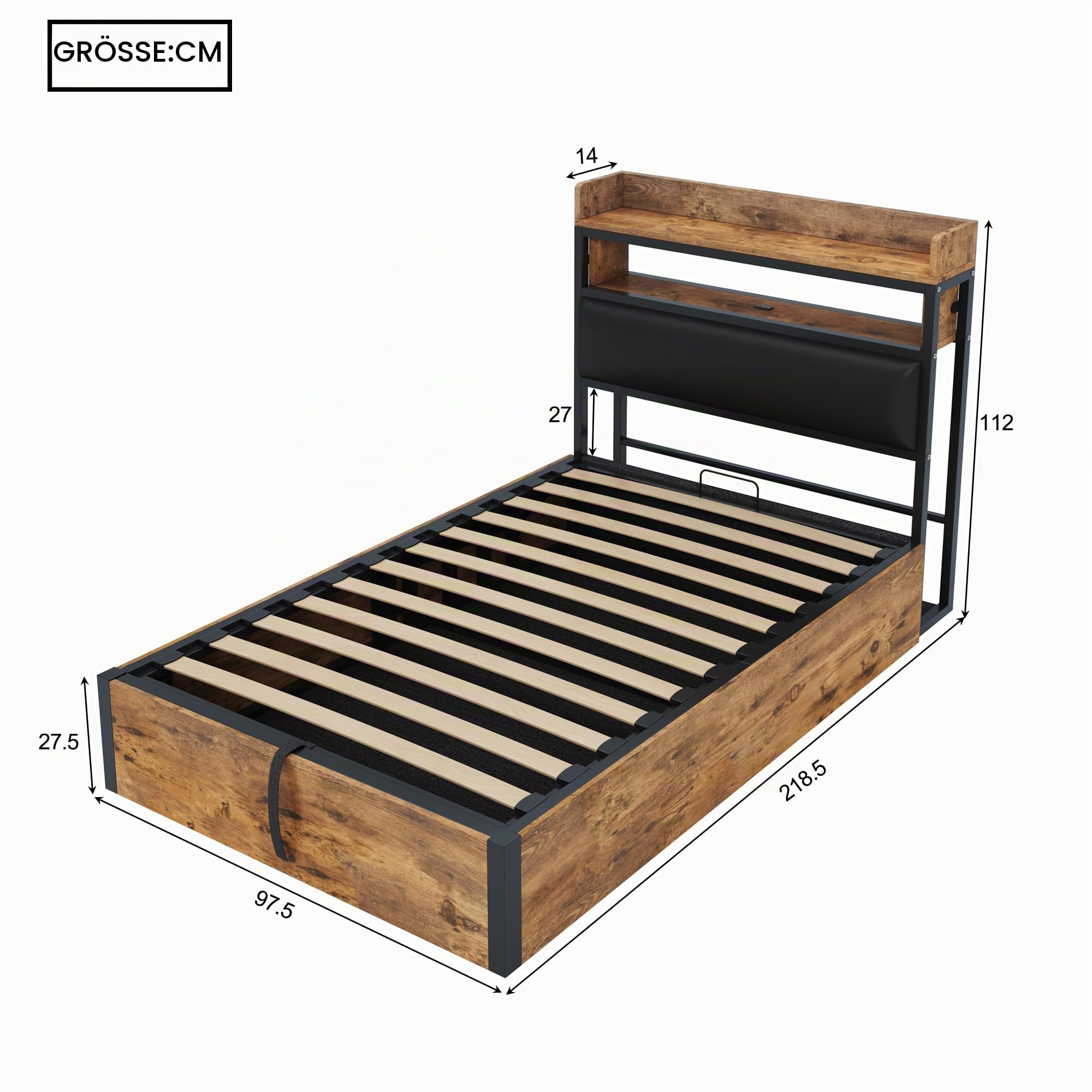 Merax Bettgestell 90x200, Hydraulisch Holzbett mit großem Stauraum, gepolstertem Kopfteil mit Ablage, USB-Ladeanschlüssen, Holz-Metall-Design, Schwarz (Ohne Matratze)