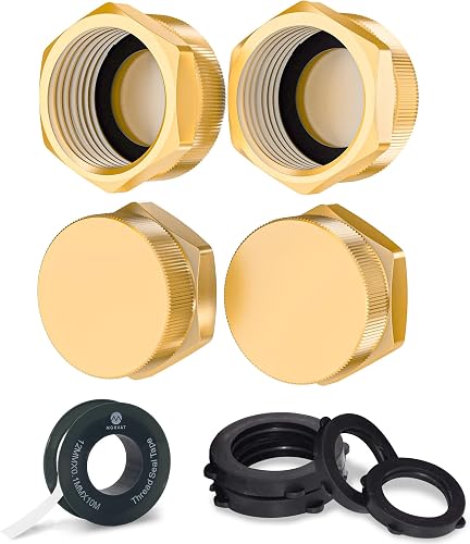Morvat Brass Garden Hose End Cap Connector & Adapter for Outdoors, Female Faucet Cover & Plug wz ¾” Threads for Water Sprinkler Spigots & Attachments, Includes Teflon Tape & 8 Rubber Washers, 4 Pack