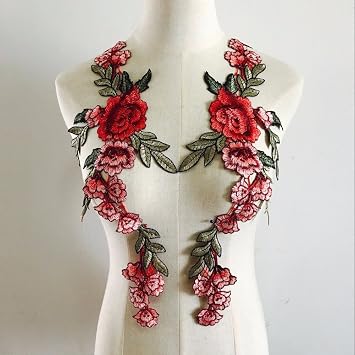 2pcs Beautiful Red Rose Flower Floral Collar Sew Patch Applique Badge Embroidery Dress Handmade Craft Ornament FabricColor E