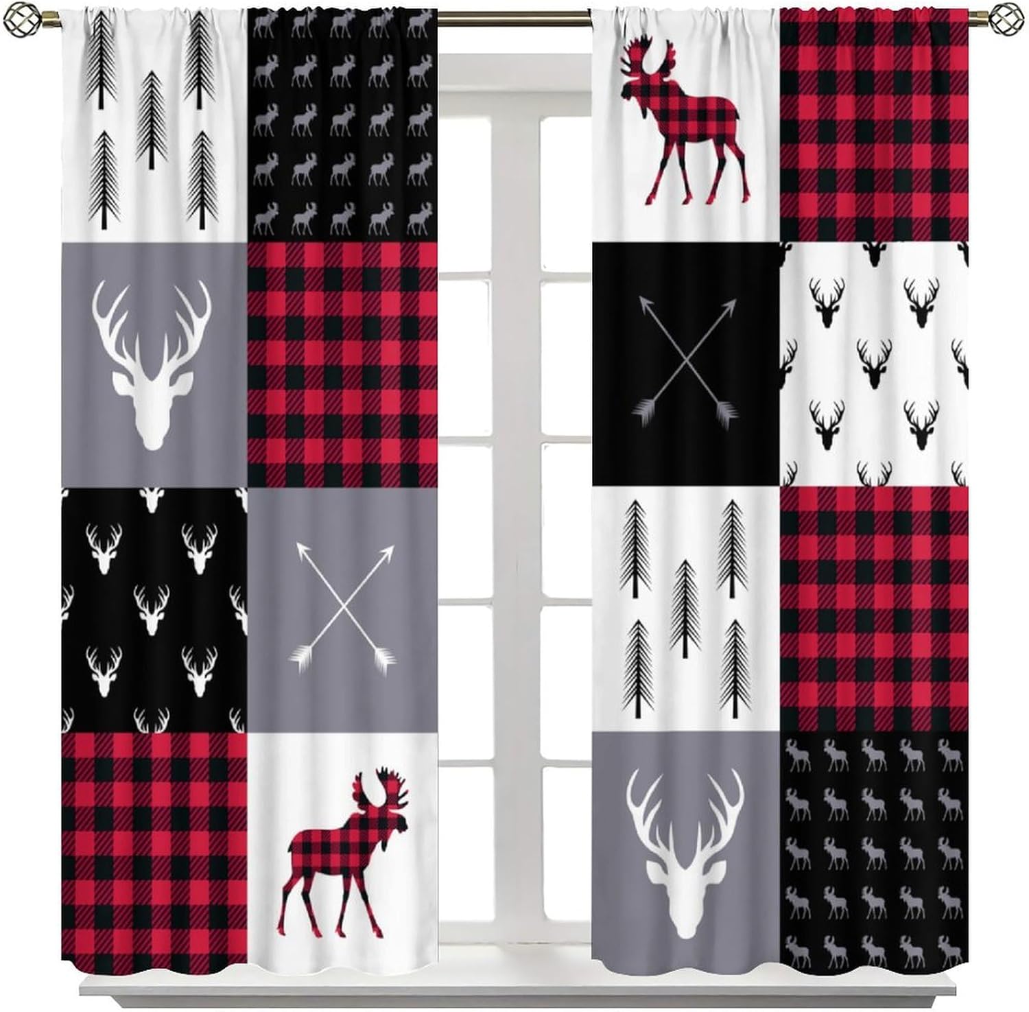 Red White Plaid Curtain,Retro Deer Bear Farm Animal Geometric Abstract Window Treatment Curtains for Dining Room Living Room Kitchen Cafe Bedroom Office Drapes, 72x63 in