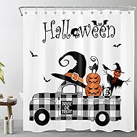 Vista 8 de LB Cortina de ducha de Halloween, cementerio de terror, fantasma, gatos negros en árbol, calabaza, cortinas de ducha para baño con ganchos, 60 x 72