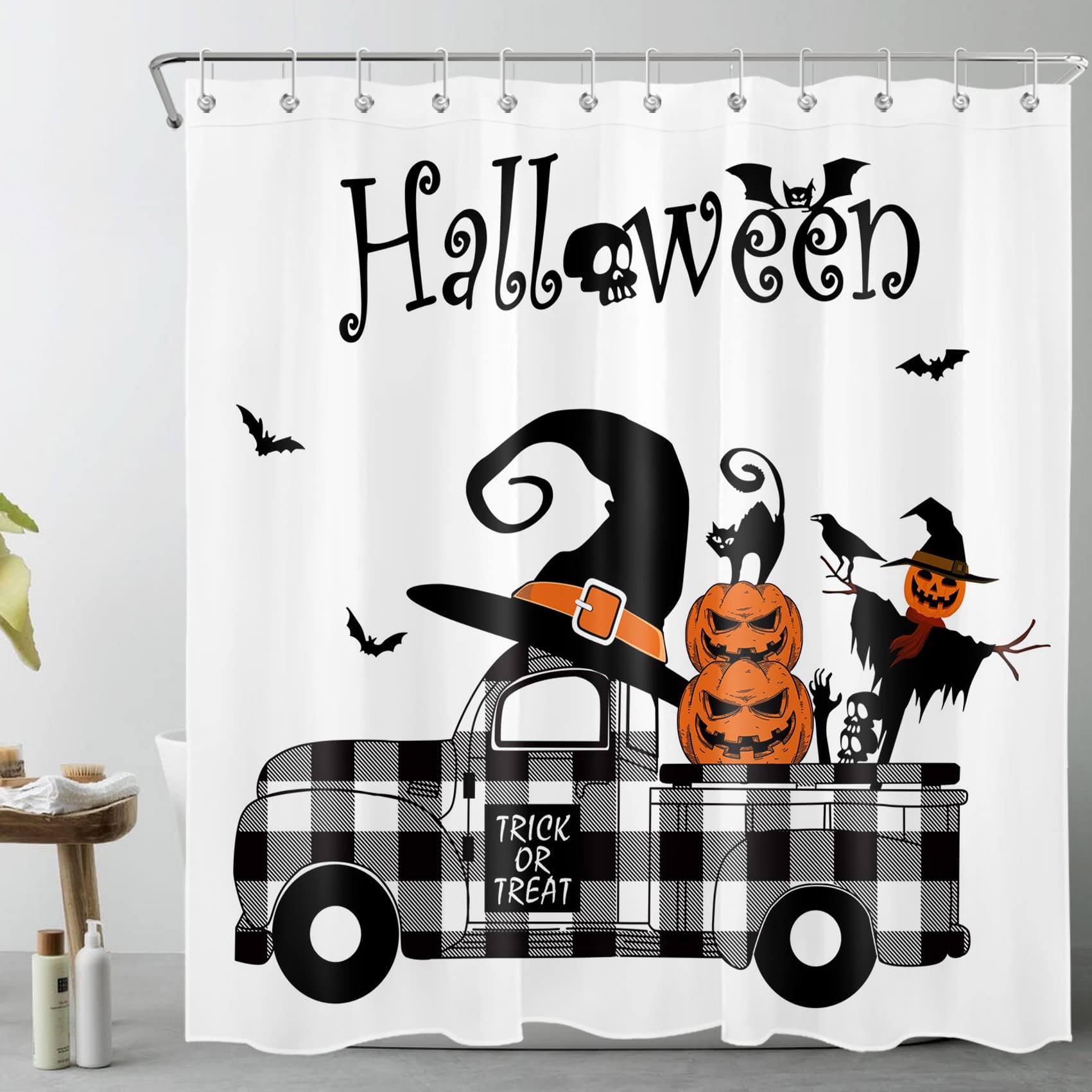 LB Happy Halloween Shower Curtain for Bathroom, Witch Hat Black Cat