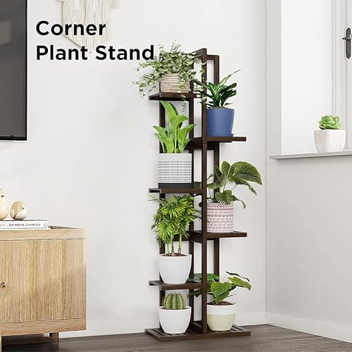 Miniatura 4 de Soporte alto para plantas, soporte de bambú para interiores y exteriores, 6 niveles y 7 macetas para múltiples plantas y macetas, soporte
