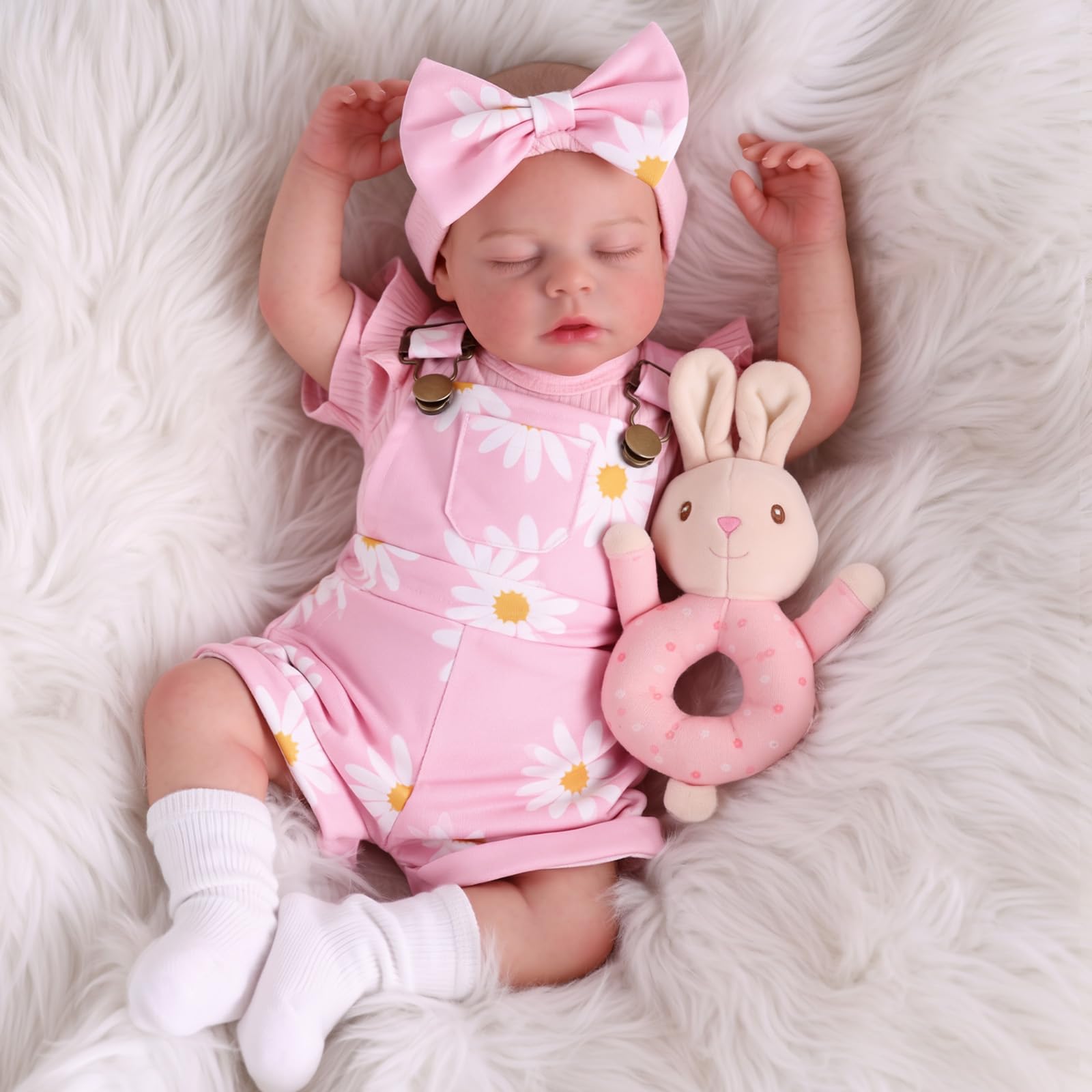 BABESIDE Reborn Puppe Mädchen, 20 Zoll Vinyl Schlafende Babypuppen wie echt | Bewegliches Reborn Baby mit Stoffkörper, Lebensechte Babypuppen mit Latzhosen-Set und Zubehör, Baby Doll Puppe ab 3+ Jahre