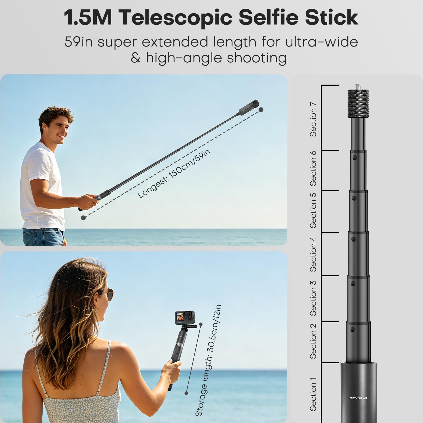 REYGEAK Perche à Selfie Invisible de 150 cm pour Appareil Photo Insta360 et 360 | Perche d'extension pour DJI Osmo Action 5 Pro/4, GoPro | Poignée étanche avec Base trépied et poignée