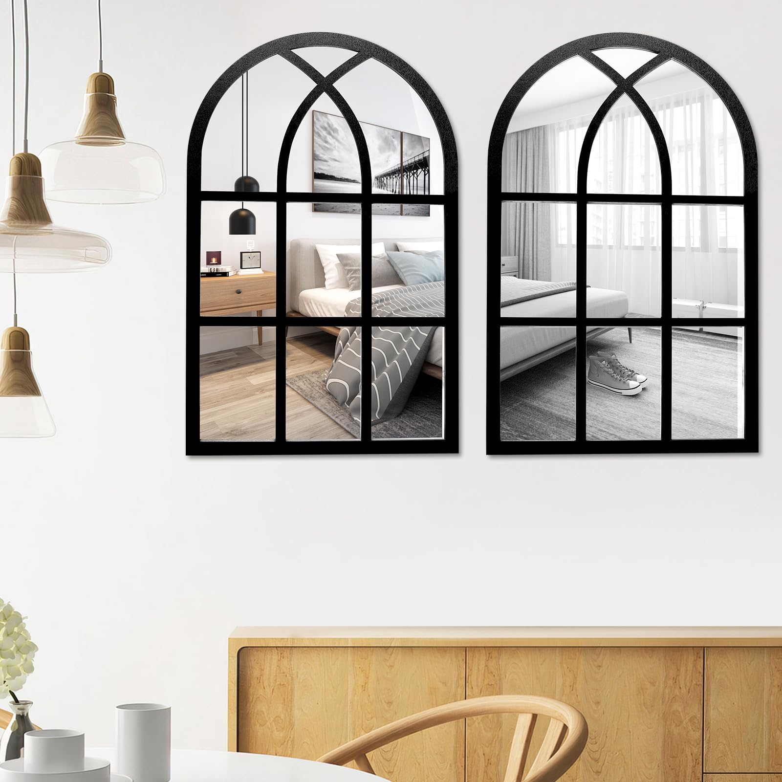 2PCS Arched Window Wall Mirror, 16.5x10.6 Inches Rustic Farmhouse Accent, Wood Framed Entry Windowpane Acrylic for Living Room, Bathroom, Bedroom, Kitchen