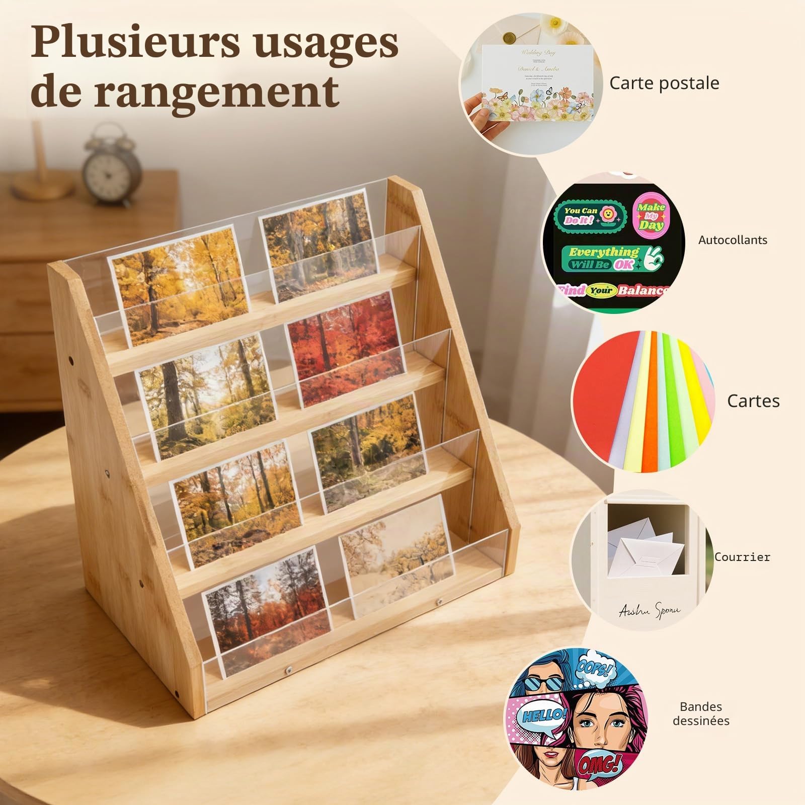 Présentoir à 4 Niveaux pour Cartes en Bambou et Acrylique, Support d'Exposition Portable avec Vitrine, Pour Étiquettes, Comptoir, Commerce de Détail, Bureau et Événements
