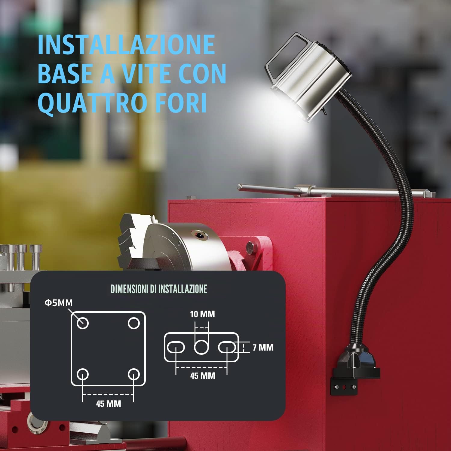 Lampada da lavoro a LED a collo di cigno, luce magnetica a LED IP66, impermeabile, flessibile, 900 lumen, 120 Volt, fissa con viti, illuminazione industriale per utensili e lathe