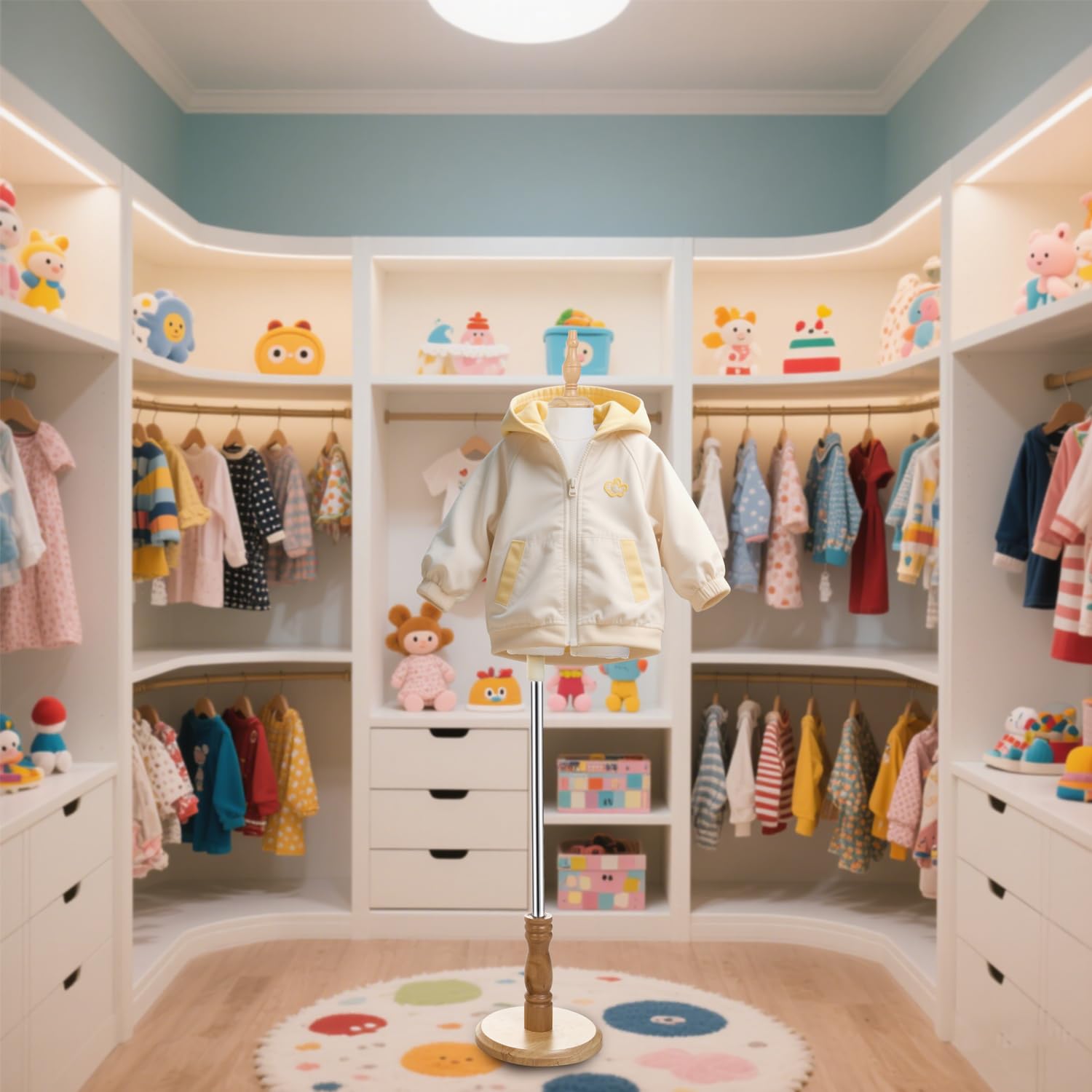 Kinderkleiderpuppe mit Holzständer für Kleidung, Fenster, Größe S (2–3 Jahre))