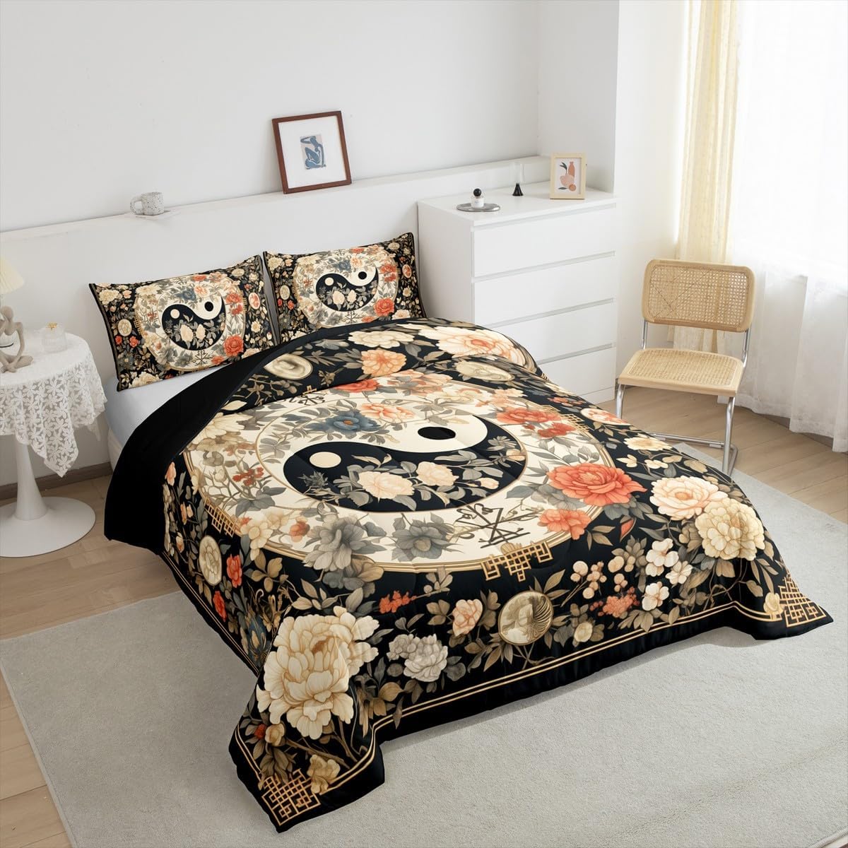 Manfei Tai Chi Floral Comforter Set,Chinese Style Yin and Yang Theme Geometric Circle Bedding Set for Teens Adults Room,Vintage Blooming Flowers Natural Quilt Set 3 Pcs with 2 Pillowcases,Queen