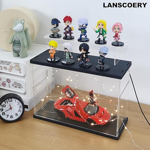 Miniatura 9 de LANSCOERY Vitrina de acrílico transparente con luz, soporte de 2 niveles con base negra, escaparate de protección a prueba de polvo para figuras
