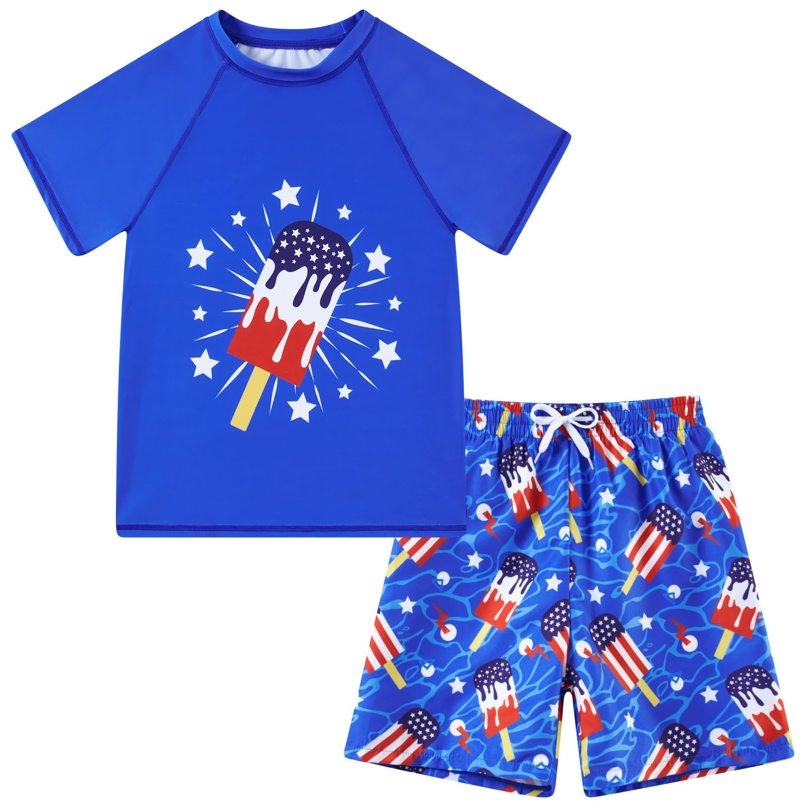 Boys Short Sleeve Rash Guard Swimsuit Set with Swim Trunks for 4-12 Years