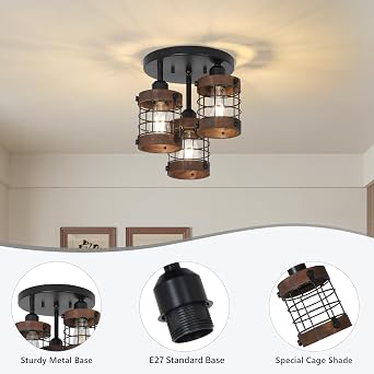 Rayofly Farmhouse Wood Ceiling Light, 3-Light Vintage Ceiling Lights Living Room, Rustic Kitchen Lights Ceiling, Semi Flush Light Fixtures with Wooden Lampshade, Black Chandelier for Bedroom, Hallway [Energy Class D]