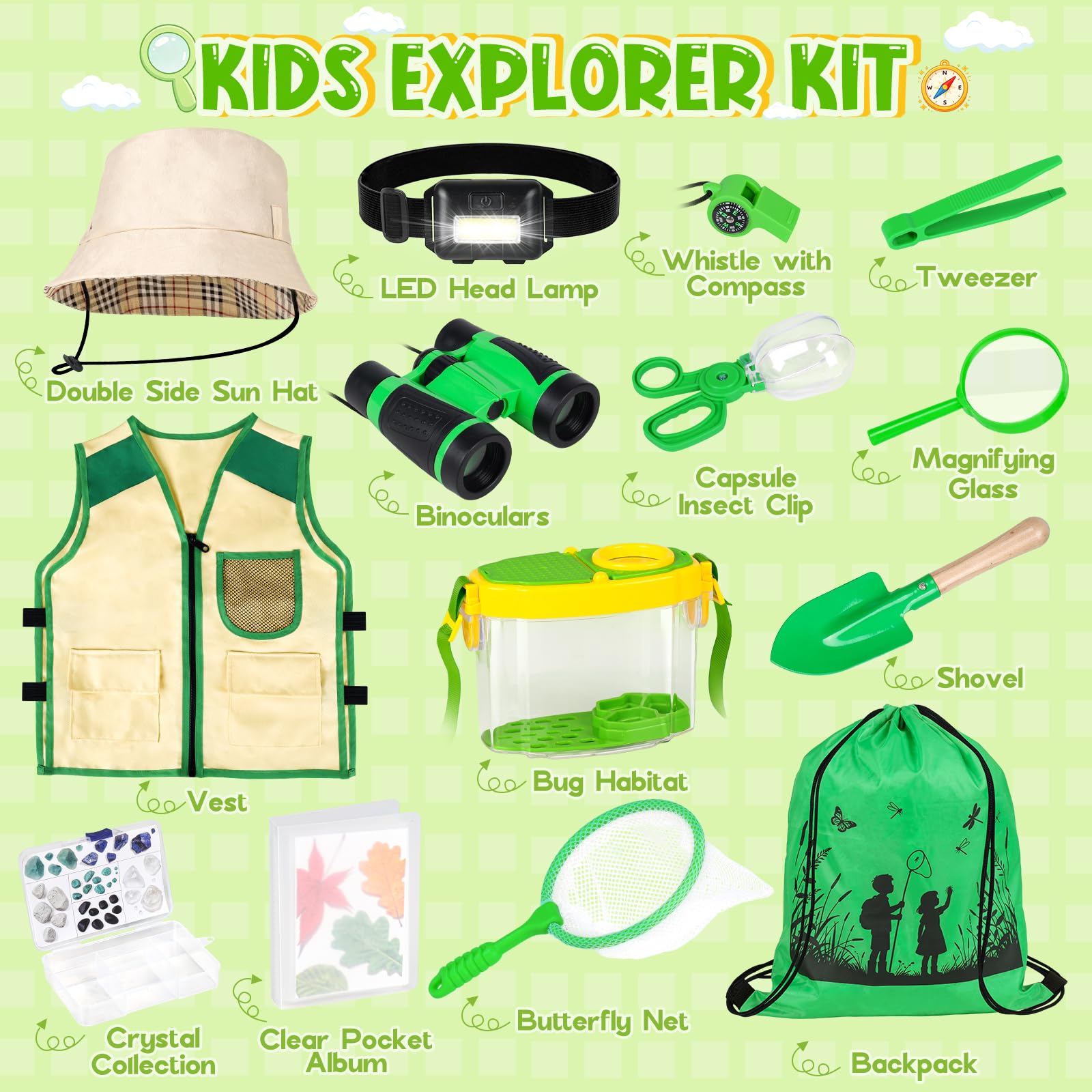 Meaicezli Kit de explorador para niños y atrapasueños, disfraz de safari con equipo de senderismo para niños, prismáticos, faro, hábitat de insectos, exploración al aire libre para camping, aventura