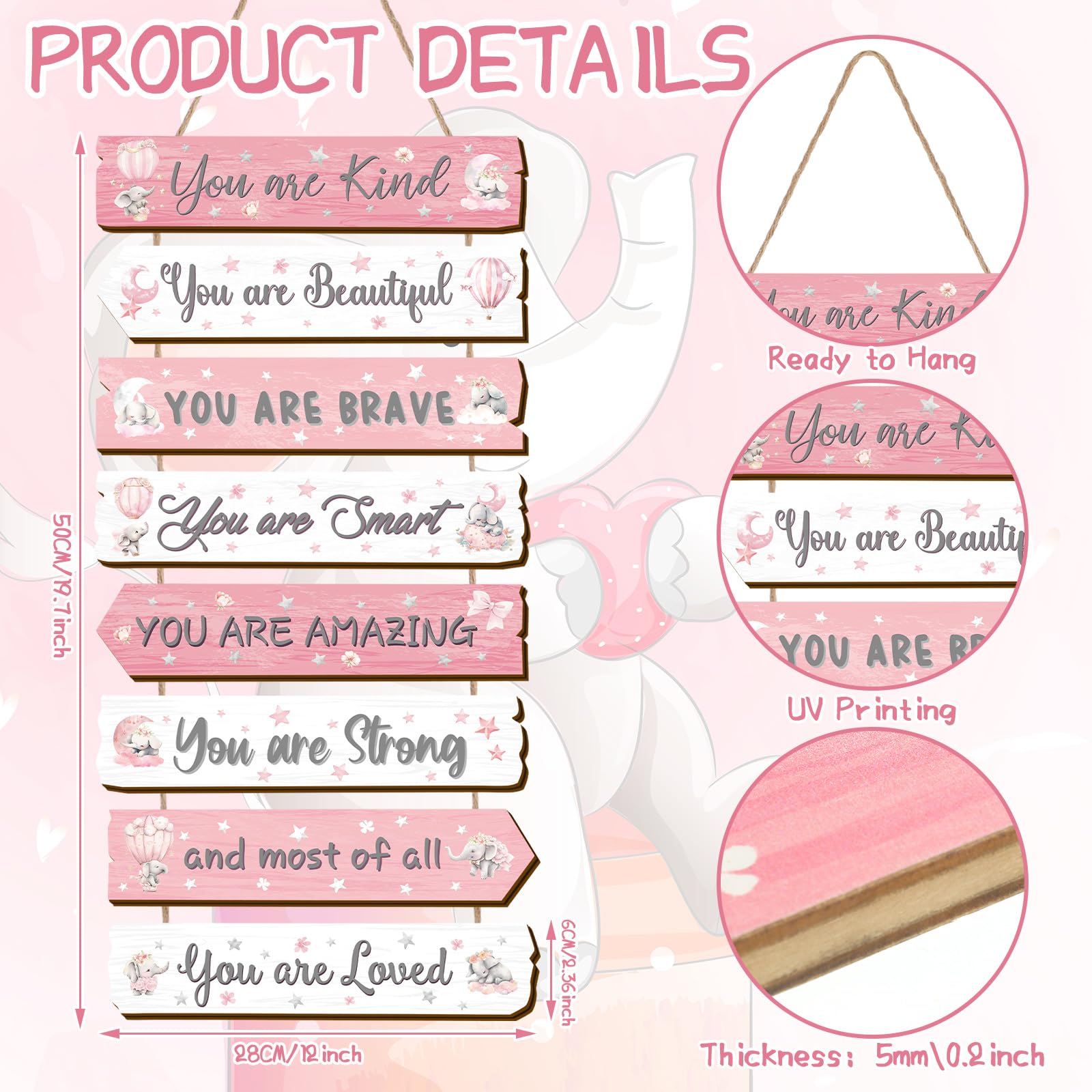 Condition photo showing New/Like New for Inspirational Girl Room Decor Aesthetic Art Wall Hanging Sign Inspiring Colorful Rainbow Wooden Decoration for Kids Teens Toddler Boy Baby Bedroom Nursery Dorm Decor, 6-12 Years old (Elephant)