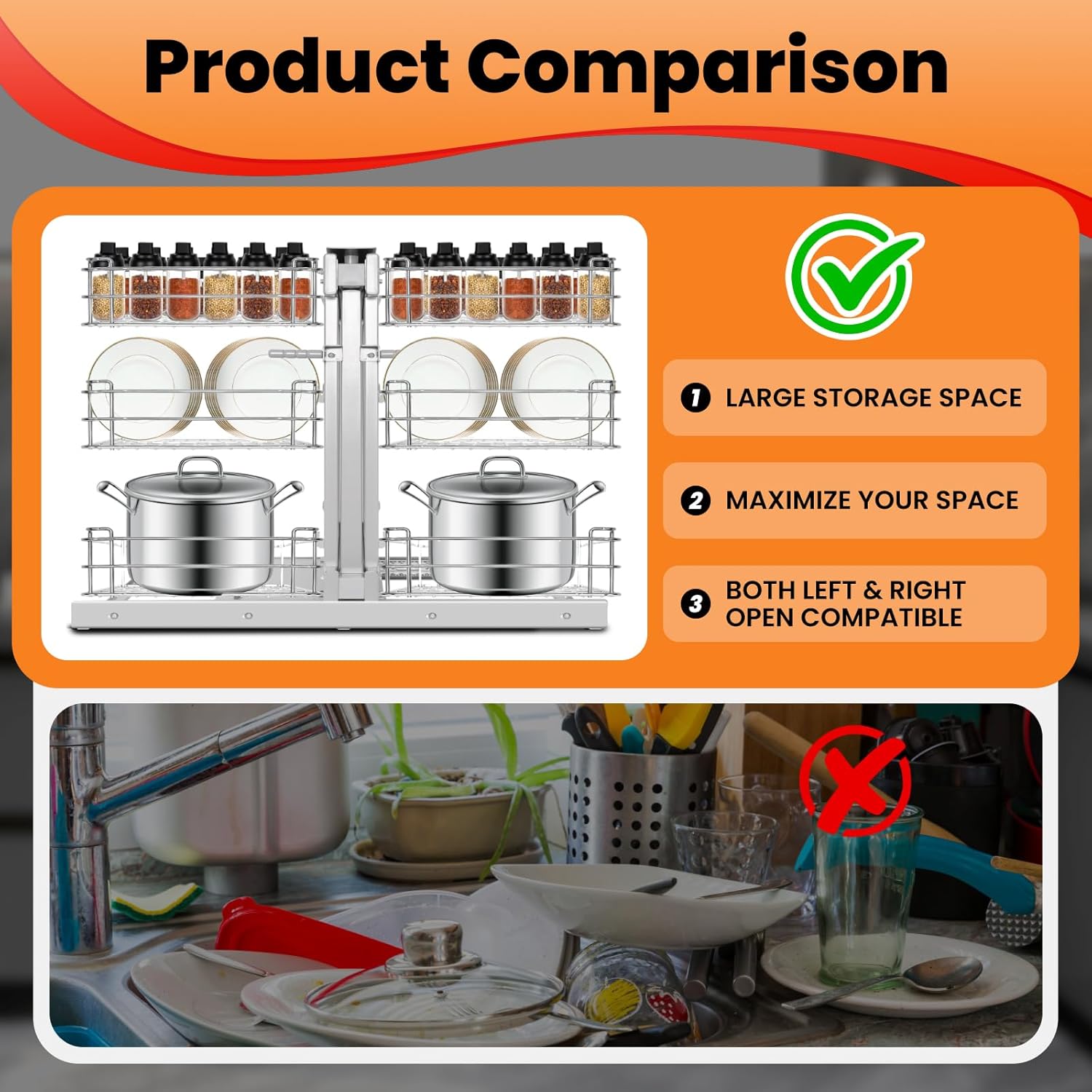 Blind Corner Pull Out Organizer, Min Opening 17" Pull Out Shelf Organizer, Left Open & Right Open Compatible w/Dual Tier 3 Shelves, Soft Close, Silver