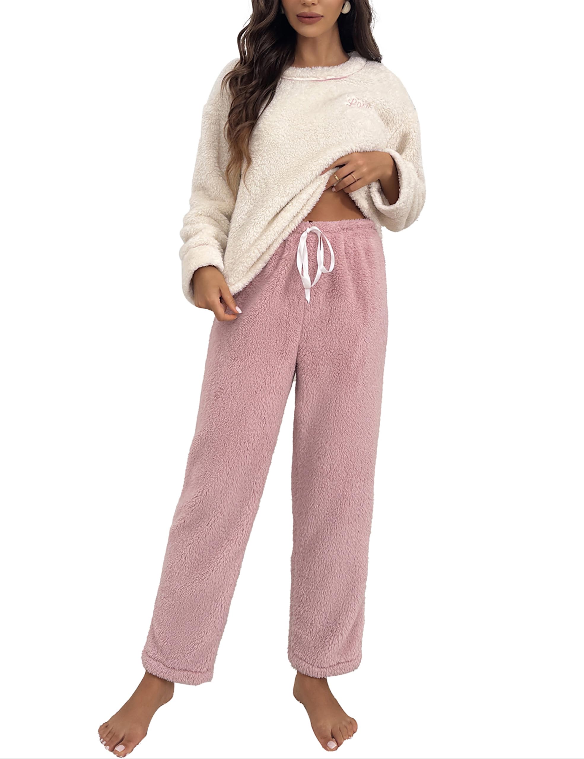 XULEN Women's Fuzzy Fleece Pajamas Set Flannel 2 Piece Winter Warm Comfy Printed Loungewear Sleepwear Pj Sets