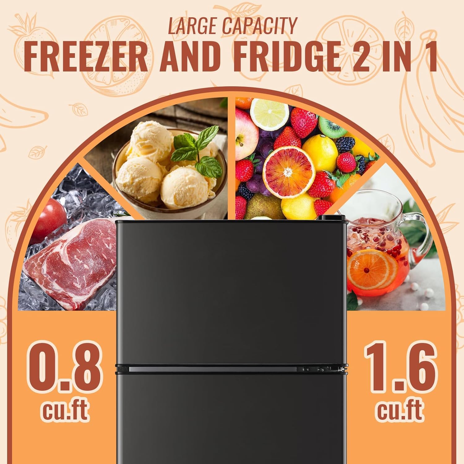 Mini Fridge with Double Doors Small Refrigerator with Separate Freezer & 7 Adjustable Temperature Control, Tiny Size & Personal Fridge Ideal for Office Apartment Dorm Dark Grey