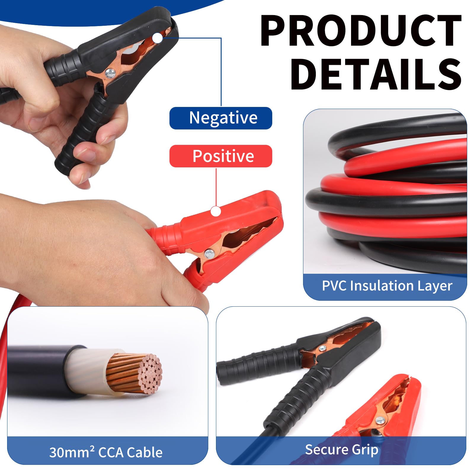 SWAWIS Pinzas Bateria Coche 4m 30mm² 1500A 12 V/24 V Pinzas Coche Cables de Puente para Baterías de Camiones Automóviles y Motocicletas con Bolsa de Almacenamiento