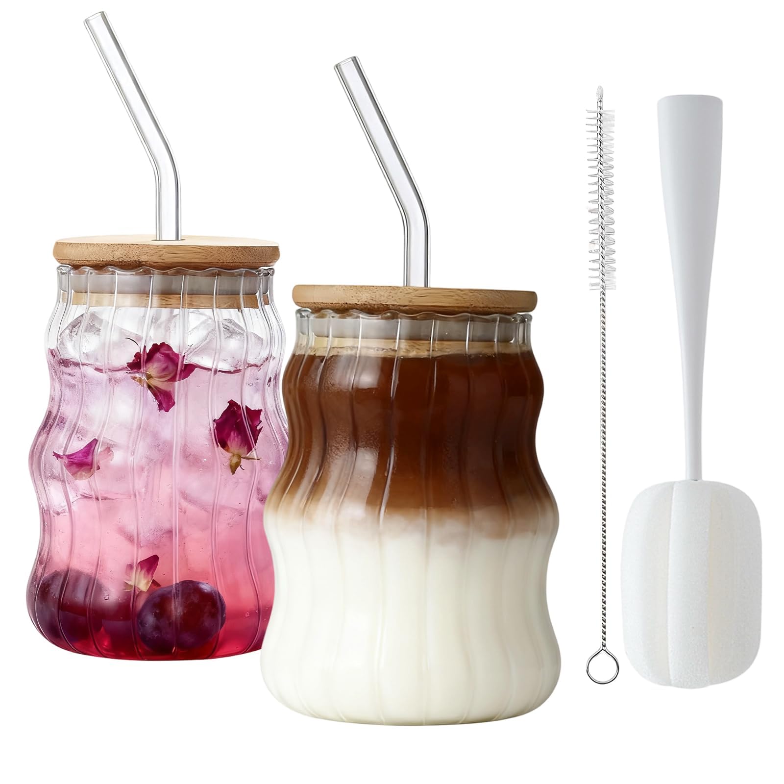 2Pk 530m Matcha Glass with Straw and Lid, Ribbed Glass Iced Coffee Cup