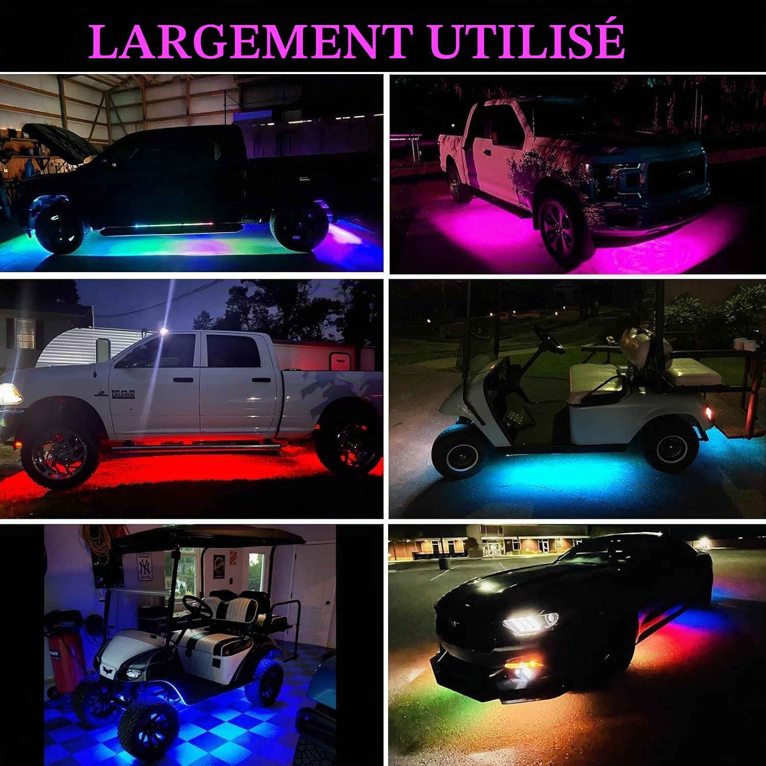 Lot de 4 lumières LED sous-luisantes pour voiture, kit d'application et télécommande RVB multicolore synchronisation de la musique sous l'éclairage de la voiture, bandes néon étanches pour