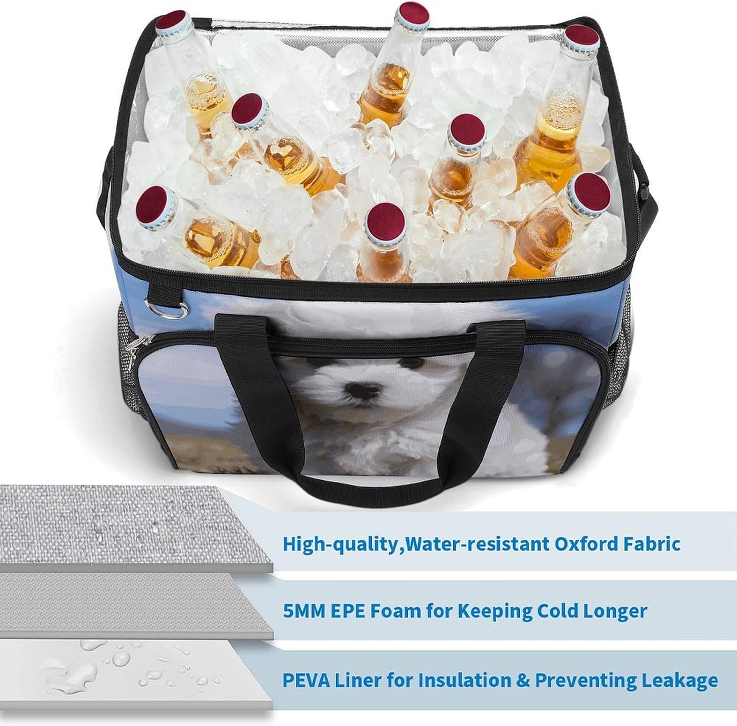 Insulated Picnic Backpack Tote Bag, Large Capacity 30L Bichon Frise Dog Cooler Bag Leakproof Beach Bags Portable Lunch Box Waterproof Picnic Basket for Beach Camping BBQ