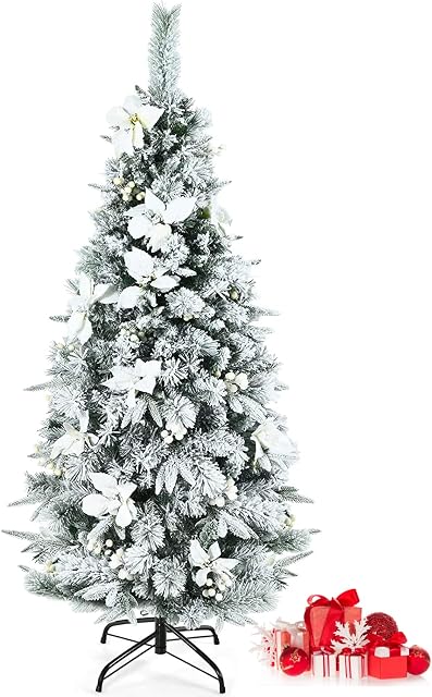 GYMAX 5FT/6FT Slim Pencil Tree, Hinged Artificial Christmas Tree with 339/471 Branches Tips, Folding Metal Stand, White Berries and Flowers, Snow Flocked Xmas Tree for Home, Office & Party