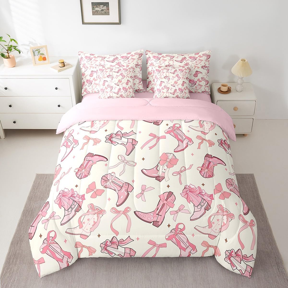 Manfei Cowgirl 7 Pieces Bedding Set King,Western Cowboy Boots Pink Bowknots Bed in a Bag for Adults,Dreamy Fairy Tale Princess Starry Pink Beige Comforter Set with Sheets,Pillow Covers