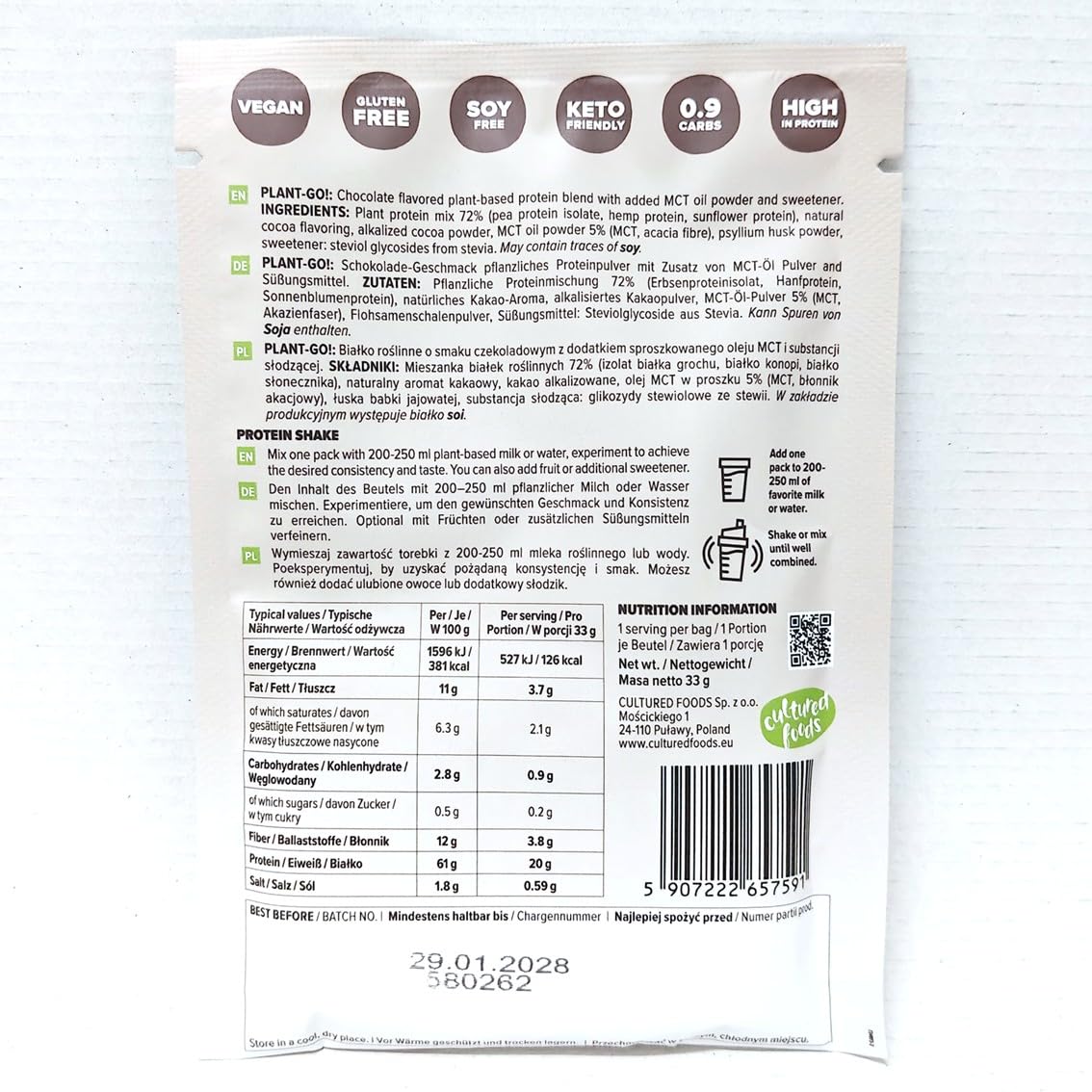 Proteinpulver Vegan - 3 Komponenten Erbsen- Sonnenblumen- und Hanfprotein - mit MCT Öl und Stevia - Muskelaufbau und Regeneration - 20 Portionen - PLANT-GO! Scho­ko­la­de