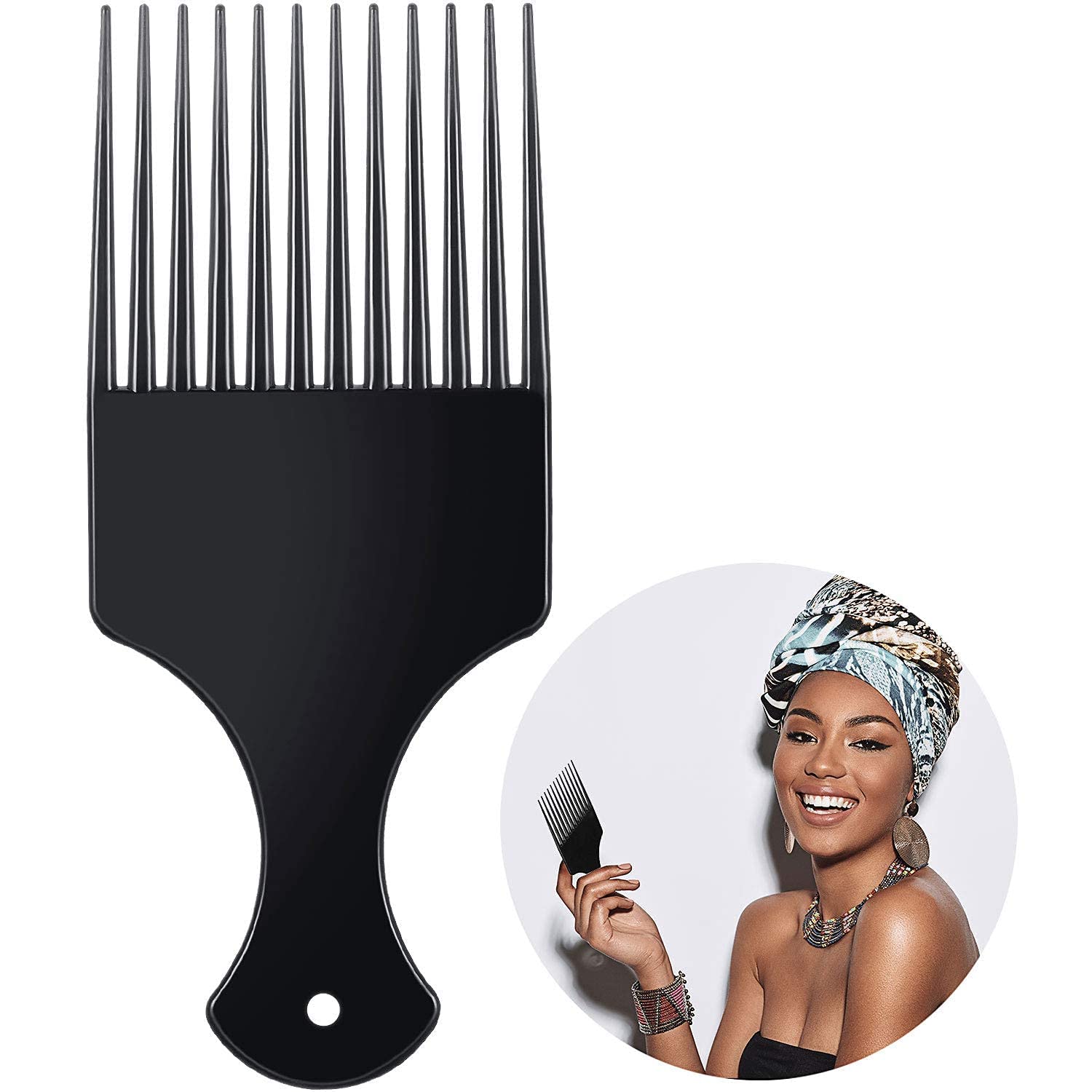 Kobe Afro-Kamm Aus Kunststoff – Schwarz, 12 Breite Zähne, 15 Cm Lang, Für Lockiges Und Krauses Haar