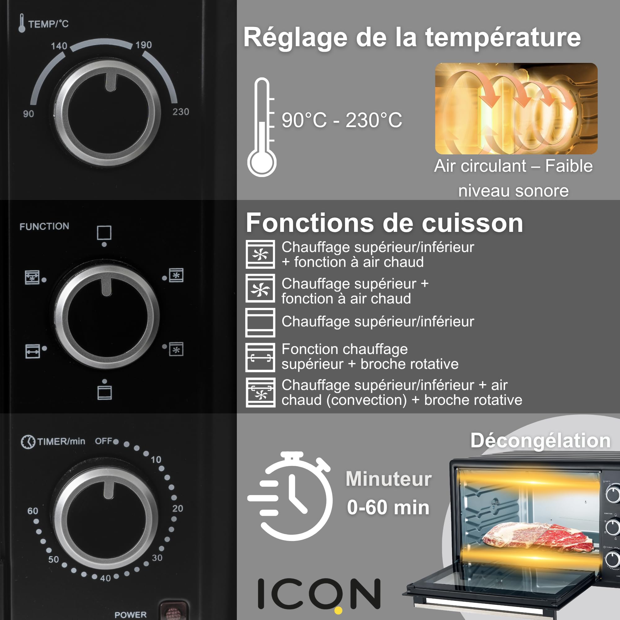 ICQN Mini Four Electrique 50L, Chaleur tournante, 40°- 230°C, 1400 W