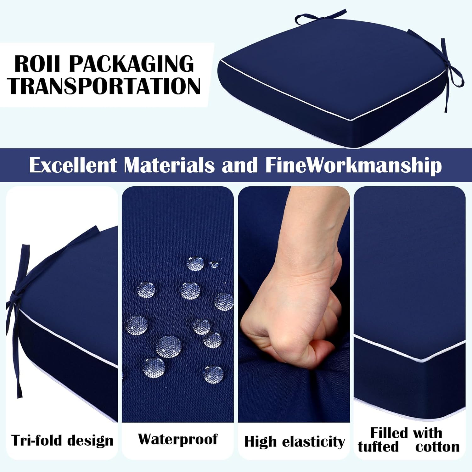Pickmesh 6 Pcs Outdoor Patio Chair Cushions 19" x 19" Waterproof Seat Cushion with Tie and Handle Square Round Corner Chair Seat Pad TPU Cover for Outdoor Furniture Patio Dining Indoor(Navy Blue)