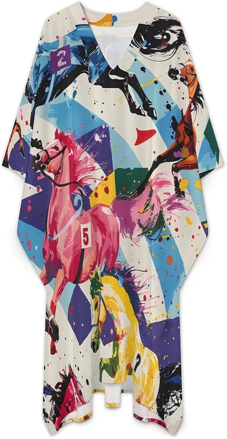 Horse Races Men's Kaftan Thobe V-Neck Long Gown Loose Robe